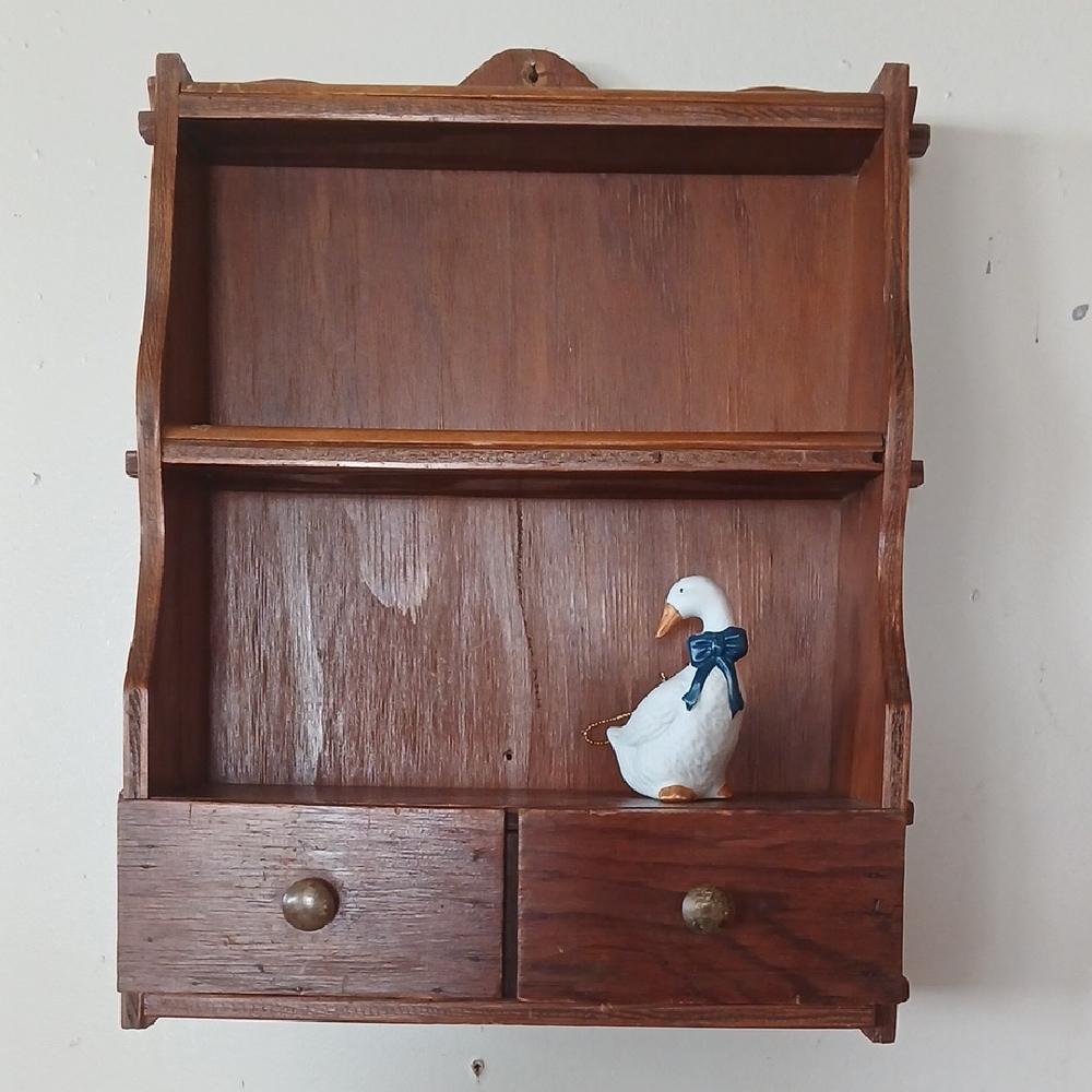 Vintage Folk Art  Wooden Wall Shelf with Two Drawers